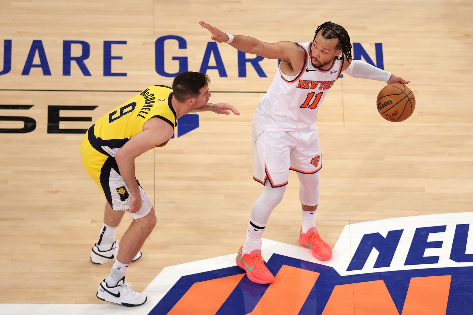 May 29, 2025; New York, New York, USA; New York Knicks guard Jalen Brunson (11) controls the ball against Indiana Pacers guard T.J. McConnell (9) in the fourth quarter during game five of the eastern conference finals for the 2025 NBA Playoffs at Madison Square Garden. Mandatory Credit: Brad Penner-Imagn Images/Sipa USA Photo: Imagn Images/SIPA USA