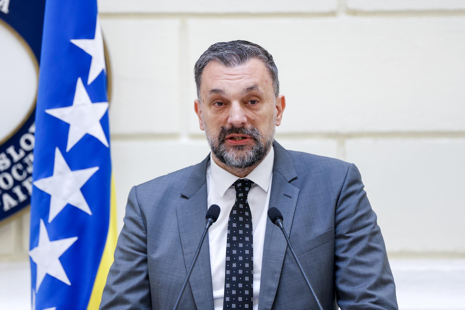 01.04.2025., Sarajevo, Bosna i Hercegovina - Ministar vanjskih poslova Bosne i Hercegovine Elmedin Konakovic sastao se sa generalnim sekretarom Organizacije za europsku sigurnosti saradnju (OSCE) Feridunom H. Sinirliogluom. Photo: Armin Durgut/PIXSELL