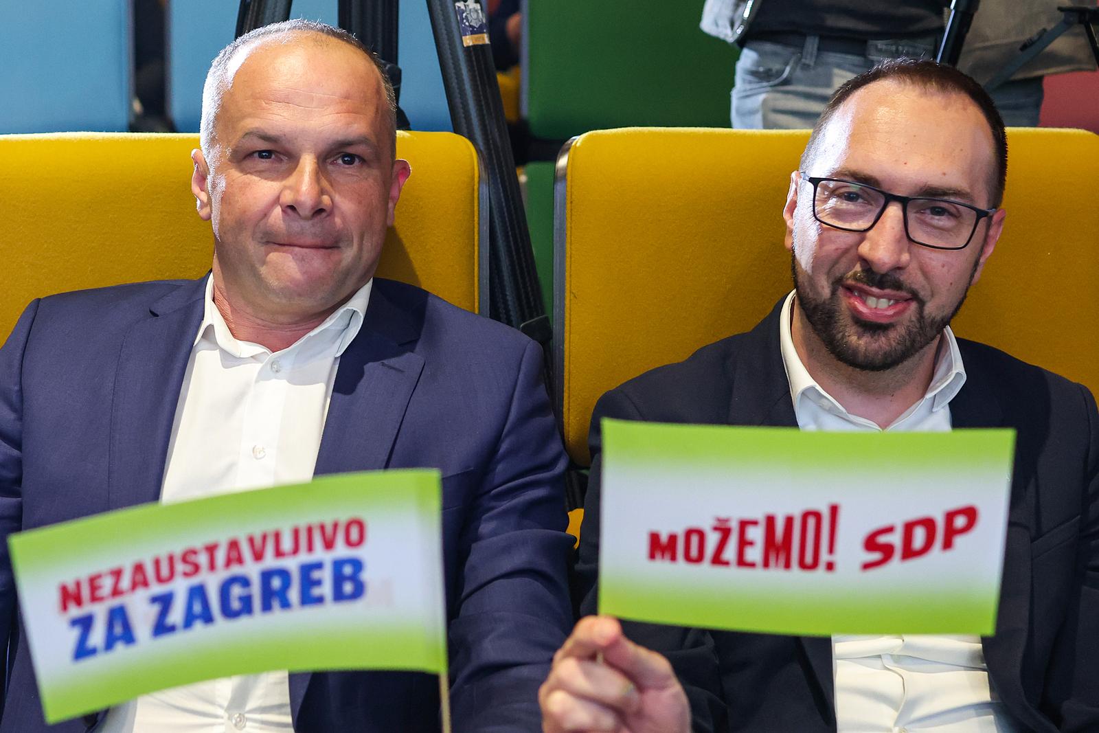 07.05.2025., Kaptol boutique cinema, Zagreb - Predstavljanje izbornog programa koalicije stranaka Mozemo! i SDP za lokalne izbore u Gradu Zagrebu na kojem je govorio gradonacelnik Grada Zagreba Tomislav Tomasevic i predsjednik SDP-a Sinisa Hajdas Doncic.. Sinisa Hajdas Doncic, Tomislav Tomasevic Photo: Goran Stanzl/PIXSELL