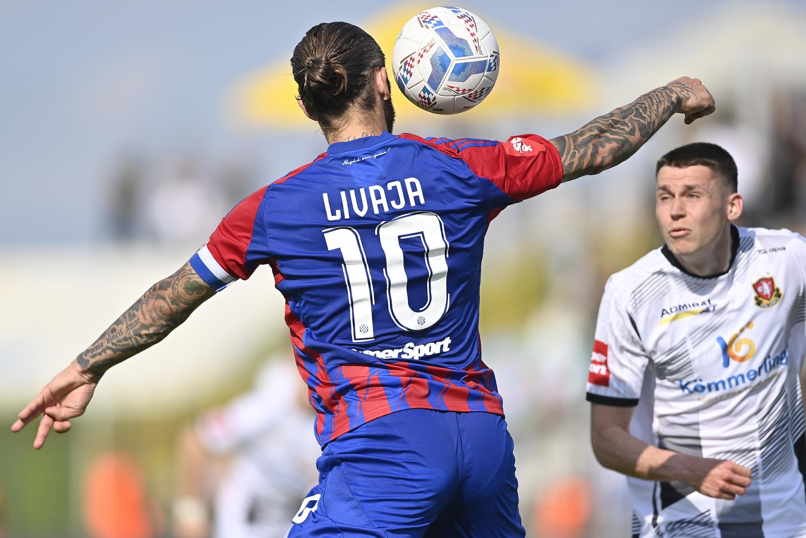 11.05.2025., Gradski stadion, Velika Gorica - SuperSport HNL, 34. kolo, HNK Gorica - HNK Hajduk. Marko Livaja i Kresimir Krizmanic Photo: Igor Soban/PIXSELL