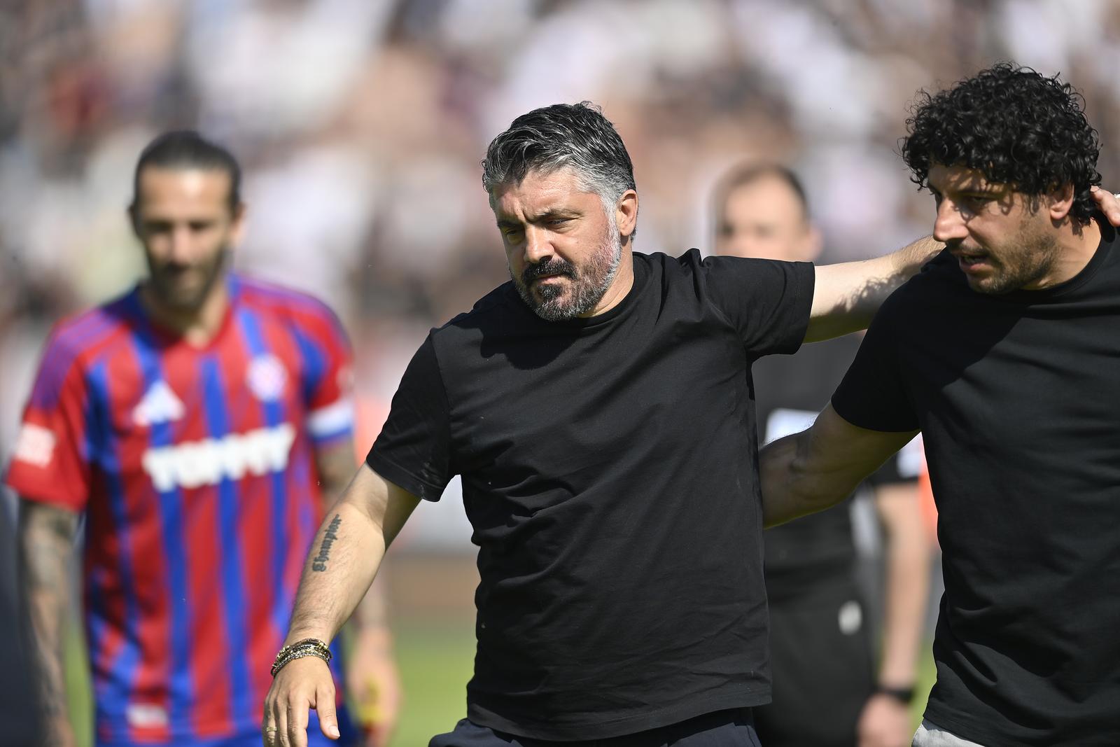 11.05.2025., Gradski stadion, Velika Gorica - SuperSport HNL, 34. kolo, HNK Gorica - HNK Hajduk. Gennaro Gattuso i Mario Carevic Photo: Igor Soban/PIXSELL