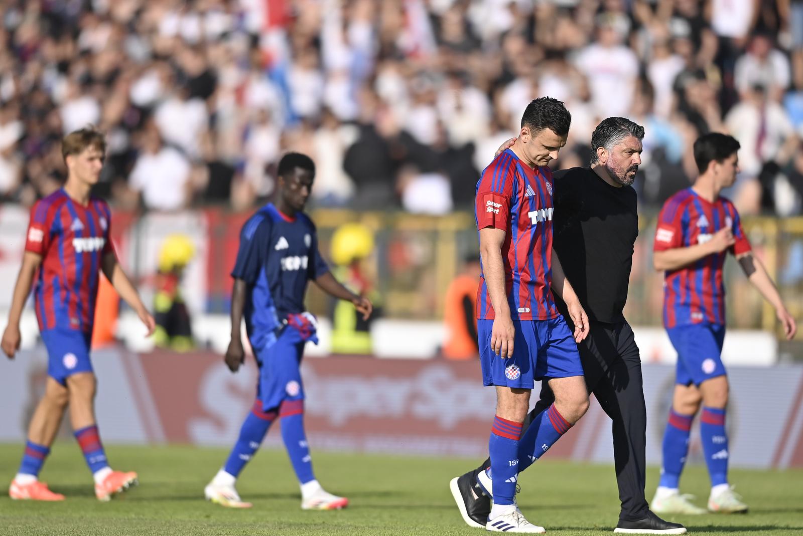 11.05.2025., Gradski stadion, Velika Gorica - SuperSport HNL, 34. kolo, HNK Gorica - HNK Hajduk. Filip Uremovic i Gennaro Gattuso Photo: Igor Soban/PIXSELL