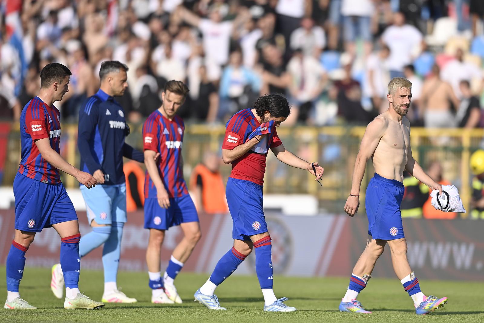 11.05.2025., Gradski stadion, Velika Gorica - SuperSport HNL, 34. kolo, HNK Gorica - HNK Hajduk. Michele Sego, Ivan Lucic, Ivan Rakitic, Filip Krovinovic i Dario Melnjak Photo: Igor Soban/PIXSELL