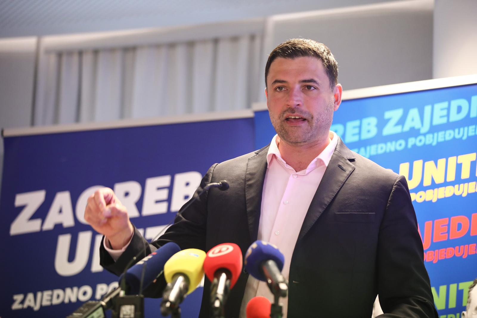 13.05.2025., Zagreb, Konferencija za medije na kojoj je Zagreb United predstavio program „Zagreb te zove“. Kandidat za gradonacelnika Zagreba Davor Bernardic, kandidatkinja za zamjenika gradonacelnika Dina Dogan i nositelj liste za Gradsku skupstinu Grada Zagreba Davor Stern.
 Photo: Emica Elvedji/PIXSELL