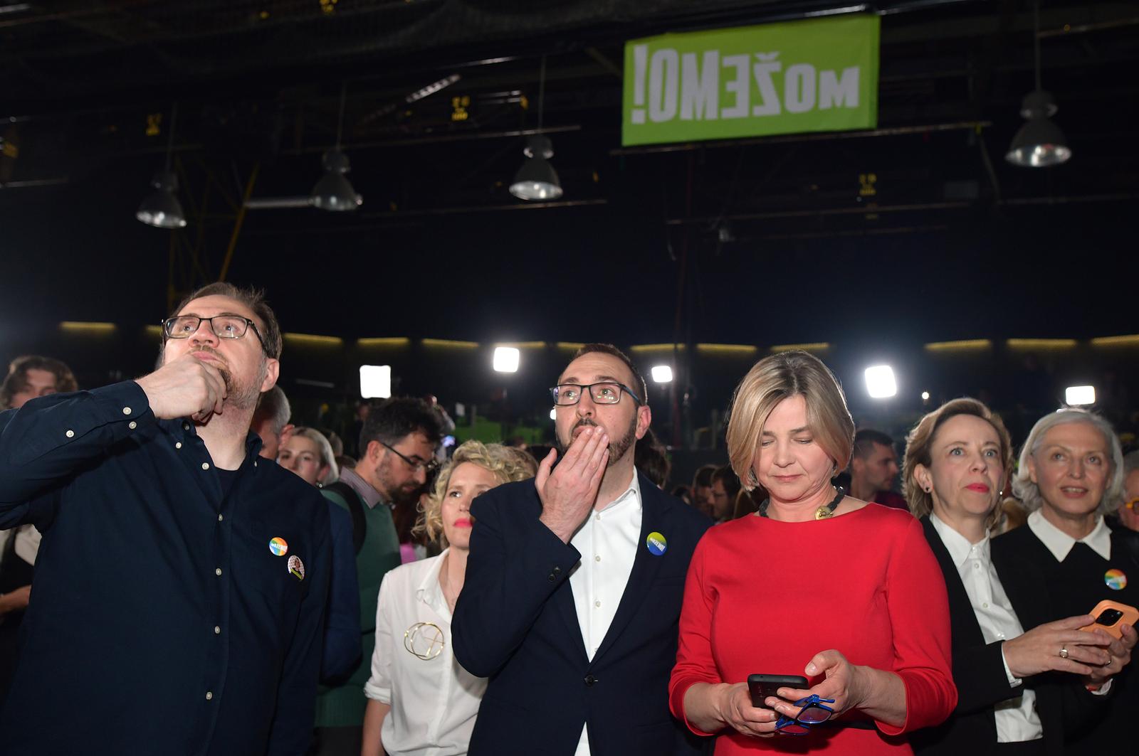 17.04.2024., Zagreb - Docek izbornih rezultata za Hrvatski saboru u stozeru politicke platforme Mozemo! u Tvornici kulture. Teodor Celakoski, Tomislav Tomasevic, Sandra Bencic Photo: Sandra Simunovic/PIXSELL