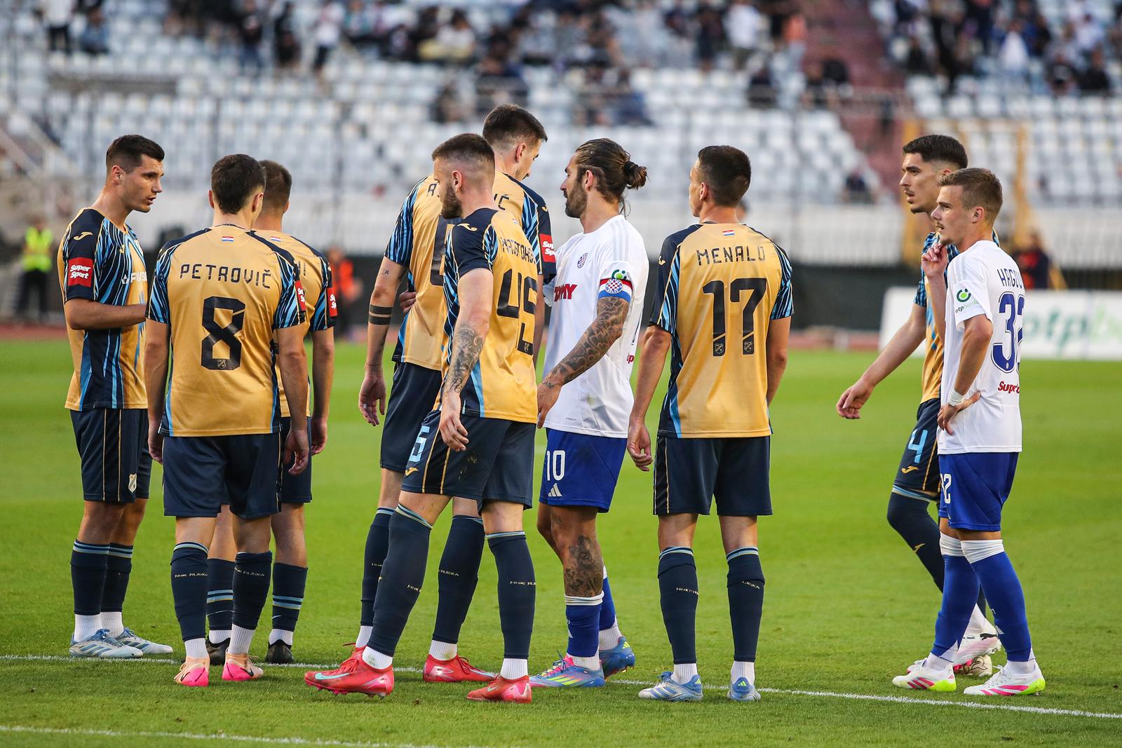 18.05.2025., stadion Poljud, Split - SuperSport HNL, 35. kolo, HNK Hajduk - HNK Rijeka. Niko Jankovic, Ante Orec i Gabriel Rukavina Photo: Sime Zelic/PIXSELL