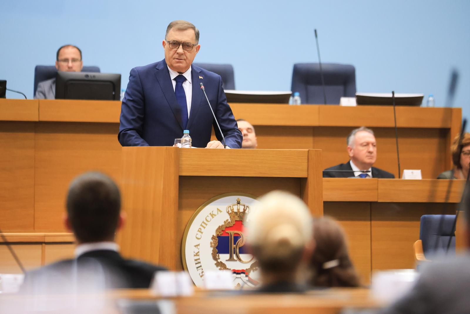 21.05.2025., Narodna skupstina RS, Banja Luka (BiH) - Predsjednik RS Milorad Dodik obratio se danas na posebnoj sjednici Narodne skupstine RS povodom obiljezavanja 30 godina od potpisivanja Daytonskog mirovnog sporazuma.
Photo: Dejan Rakita/Pixsell Photo: Dejan Rakita/Pixsell/PIXSELL