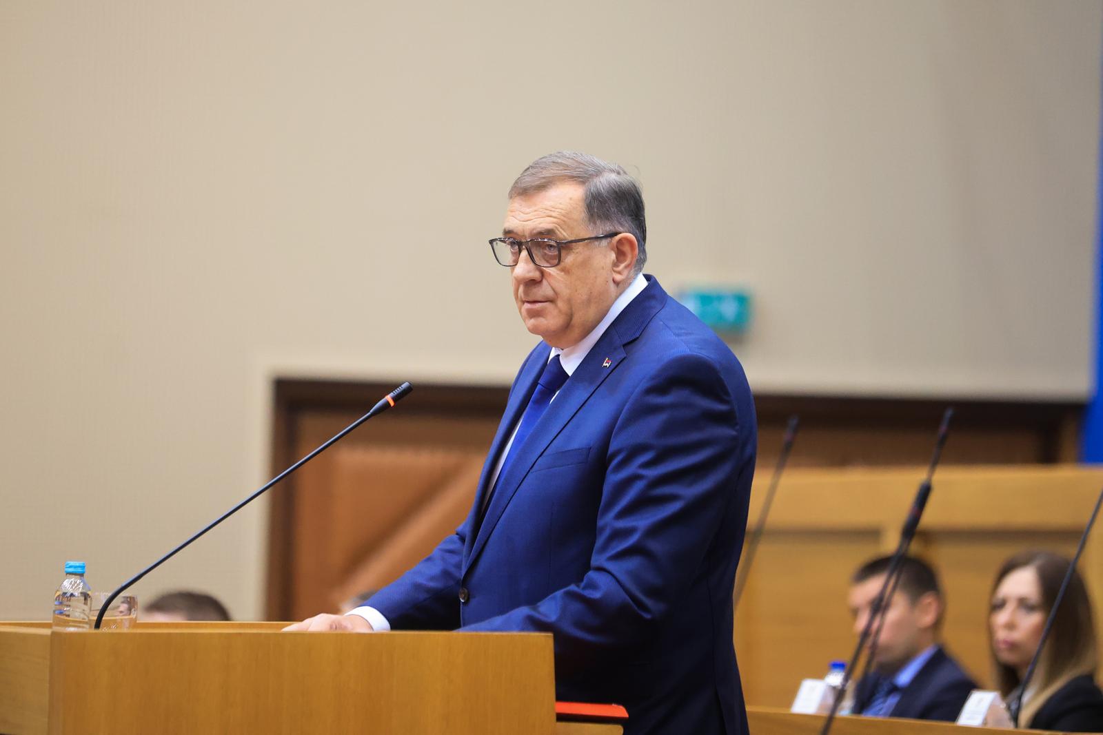 21.05.2025., Narodna skupstina RS, Banja Luka (BiH) - Predsjednik RS Milorad Dodik obratio se danas na posebnoj sjednici Narodne skupstine RS povodom obiljezavanja 30 godina od potpisivanja Daytonskog mirovnog sporazuma.
Photo: Dejan Rakita/Pixsell Photo: Dejan Rakita/Pixsell/PIXSELL