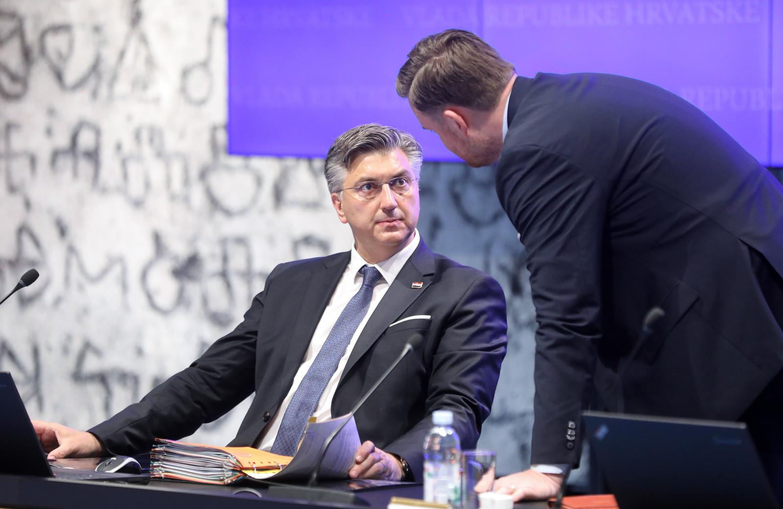 27.05.2025., Zagreb - U Nacionalnoj i sveucilisnoj knjiznici odrzana je 93. sjednica Vlade Republike Hrvatske. predsjednik Vlade RH Andrej Plenkovic i potpredsjednik Vlade i ministar financija Marko Primorac Photo: Robert Anic/PIXSELL