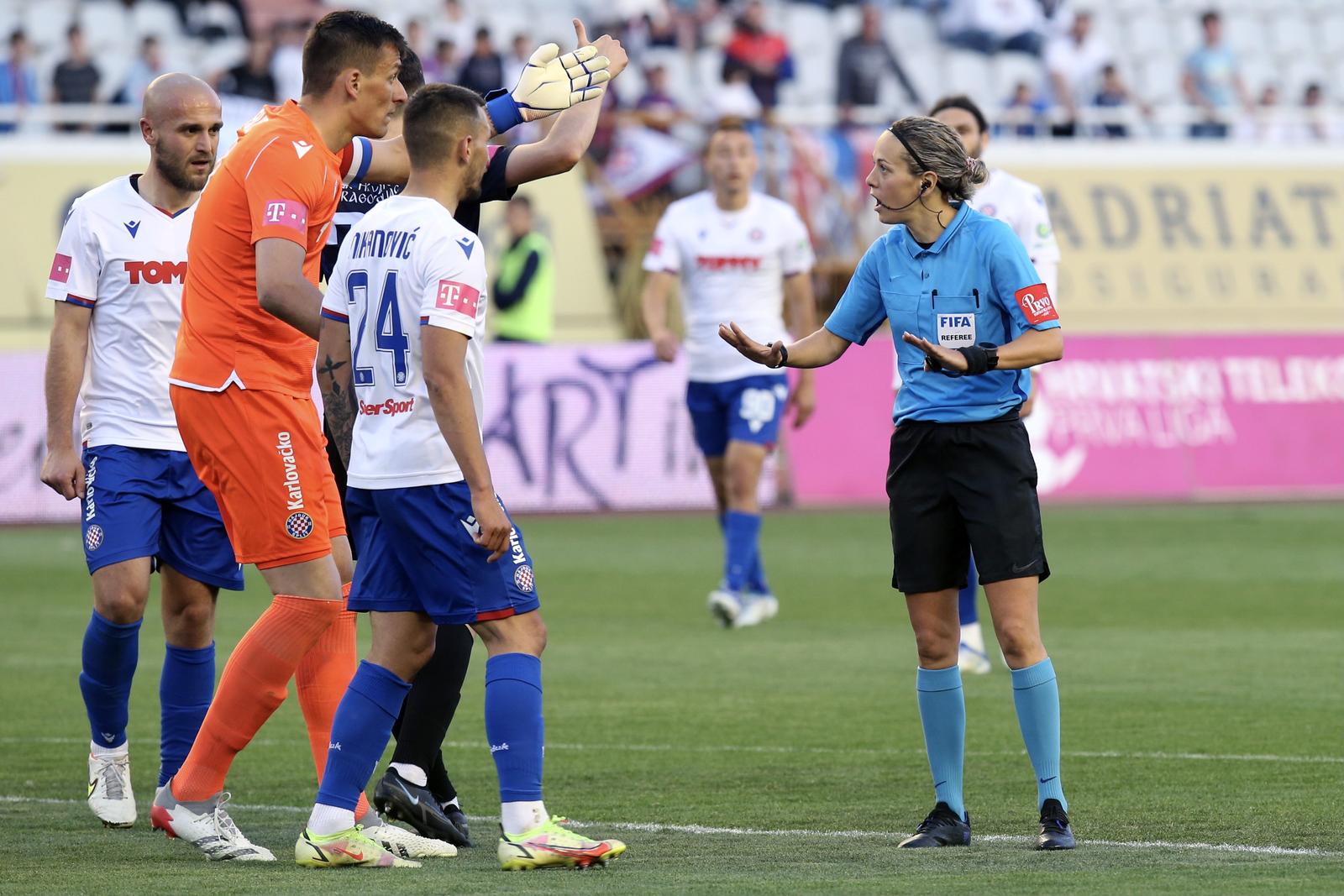 29.04.2022., Split - Utakmica 33. kola Hrvatski Telekom Prve lige izmedju Hajduka i Hrvatskog dragovoljca na Poljudu. Sutkinja Ivana Martincic, Lukas Grgic, Lovre Kalinic, Dino Mikanovic. Photo: Ivo Cagalj/PIXSELL