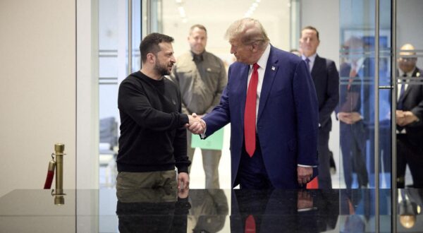 Handout photo dated September 27, 2024 shows Ukrainian President Volodymyr Zelensky (L) and Republican presidential nominee former US President Donald Trump, meeting in New York City, NY, USA. President Volodymyr Zelensky congratulated Donald Trump on his expected victory in the U.S. presidential election, voicing hopes for "strong bipartisan support for Ukraine in the United States." "Congratulations to Donald Trump on his impressive election victory!" Zelensky said on X. Trump is on the brink of victory, with only a few electoral votes left to clinch the needed 270, leaving the chances of Democratic candidate Vice President Kamala Harris increasingly slim. Photo by Ukrainian Presidency via ABACAPRESS.COM Photo: ABACA/ABACA