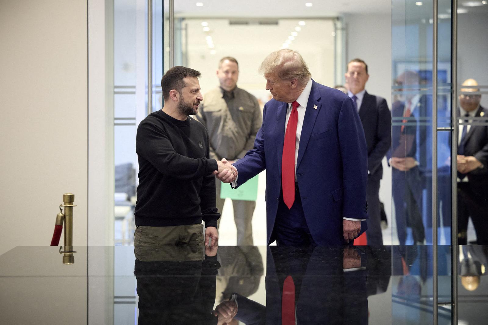 Handout photo dated September 27, 2024 shows Ukrainian President Volodymyr Zelensky (L) and Republican presidential nominee former US President Donald Trump, meeting in New York City, NY, USA. President Volodymyr Zelensky congratulated Donald Trump on his expected victory in the U.S. presidential election, voicing hopes for "strong bipartisan support for Ukraine in the United States." "Congratulations to Donald Trump on his impressive election victory!" Zelensky said on X. Trump is on the brink of victory, with only a few electoral votes left to clinch the needed 270, leaving the chances of Democratic candidate Vice President Kamala Harris increasingly slim. Photo by Ukrainian Presidency via ABACAPRESS.COM Photo: ABACA/ABACA