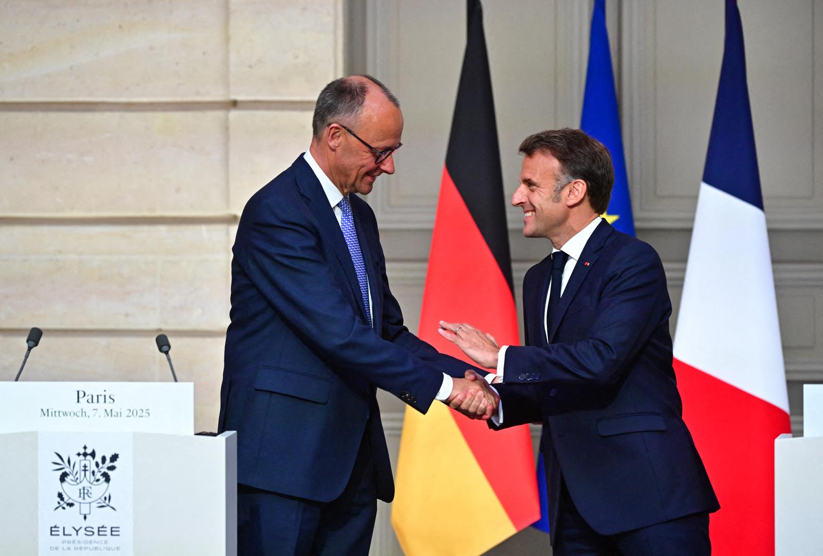 Fraench President Emmanuel Macron and German newly elected Chancellor Friedrich Merz hold a joint press conference within their meeting at the Elysee presidential palace in Paris, France, on May 7, 2025. Photo by Christian Liewig/Pool/ABACAPRESS.COM Photo: Liewig Christian/Pool/ABACA/ABACA