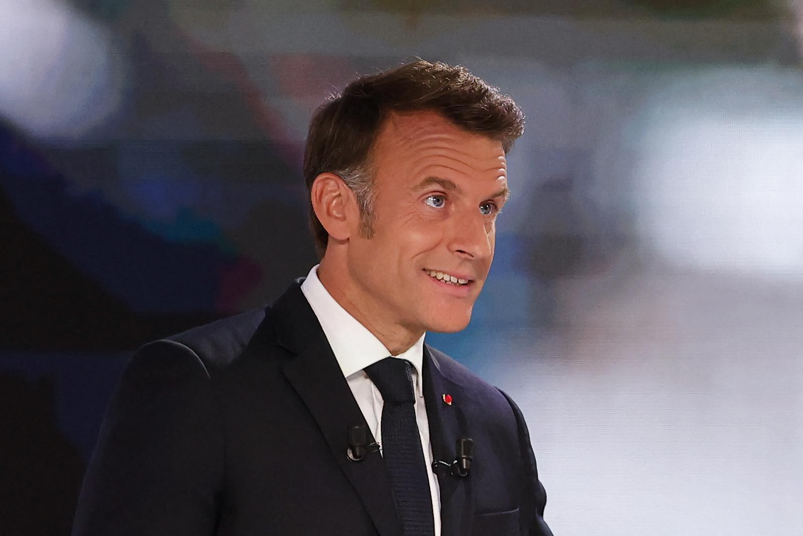 French President Emmanuel Macron takes part in a special program of the French channel TF1 in Saint-Denis, north of Paris, France on May 13, 2025. Photo by Ludovic Marin/Pool/ABACAPRESS.COM Photo: Marin Ludovic/Pool/ABACA/ABACA