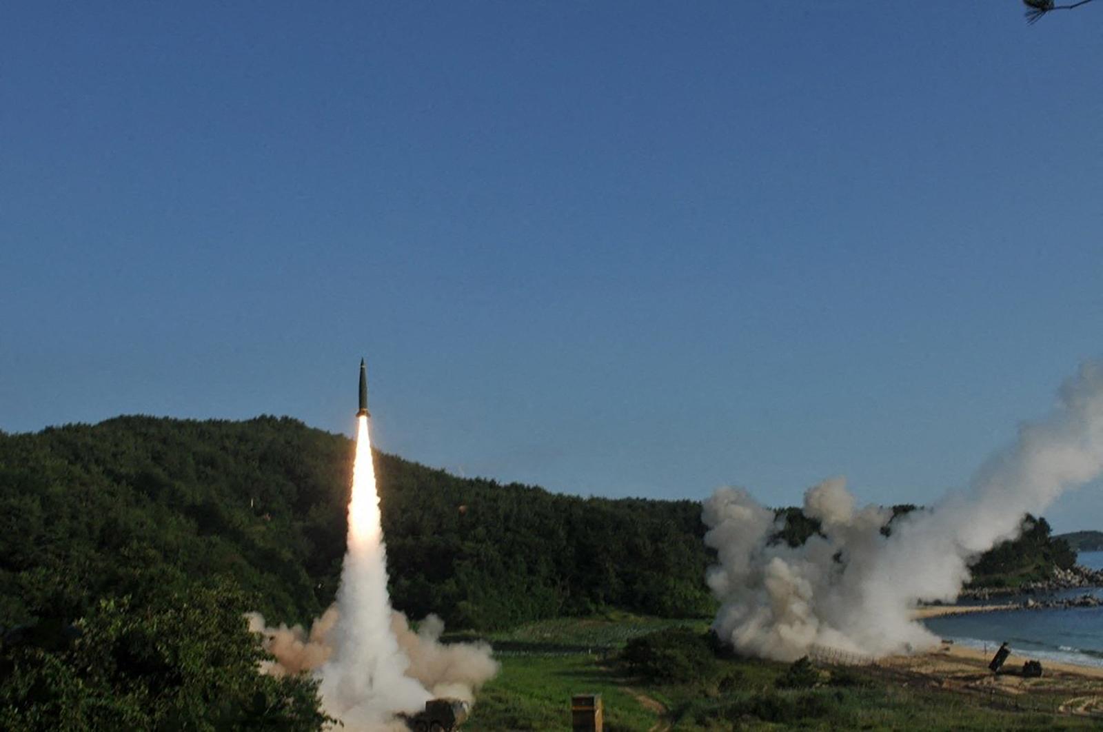 Handout photo dated July 5, 2017 shows a M270 Multiple Launch Rocket System assigned to the 210th Field Artillery Brigade, 2nd Republic of Korea (ROK)/U.S. Combined Division fires an MGM-140 Army Tactical Missile into the East Sea off South Korea. Atacms long-ranges missiles capable of hitting targets 300km away had already arrived in Ukraine this month at the president’s direction, before the US security package was passed by Congress on Wednesday, the state department has said. Vedant Patel, a state department spokesperson, explained that the weapons were part of a March aid package for Ukraine, not the one just approved by Congress and signed by Joe Biden. “We did not announce this at the onset in order to maintain operational security for Ukraine at their request.” Photo by U.S. Army via ABACAPRESS.COM Photo: ABACA/ABACA
