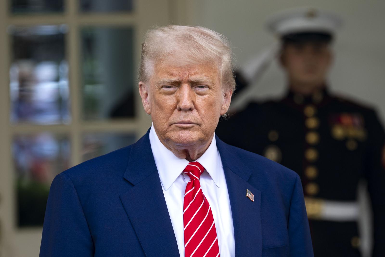 United States President Donald J Trump looks on while answering questions from reporters outside the West Wing of the White House in Washington, DC, US, on Thursday, May 8, 2025. Credit: Bonnie Cash / Pool via CNP