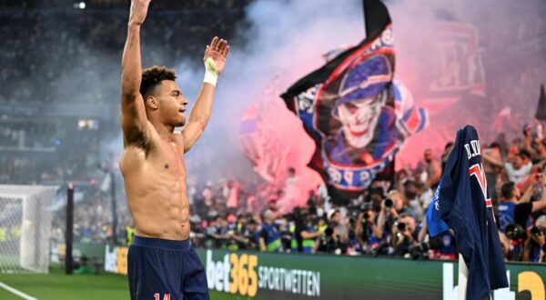 31 May 2025, Bavaria, Munich: Soccer: Champions League, Paris Saint-Germain - Inter Milan, knockout round, final, Munich Football Arena. Desire Doue of Paris celebrates his goal to make it 3-0. Photo: Sven Hoppe/dpa Photo: Sven Hoppe/DPA