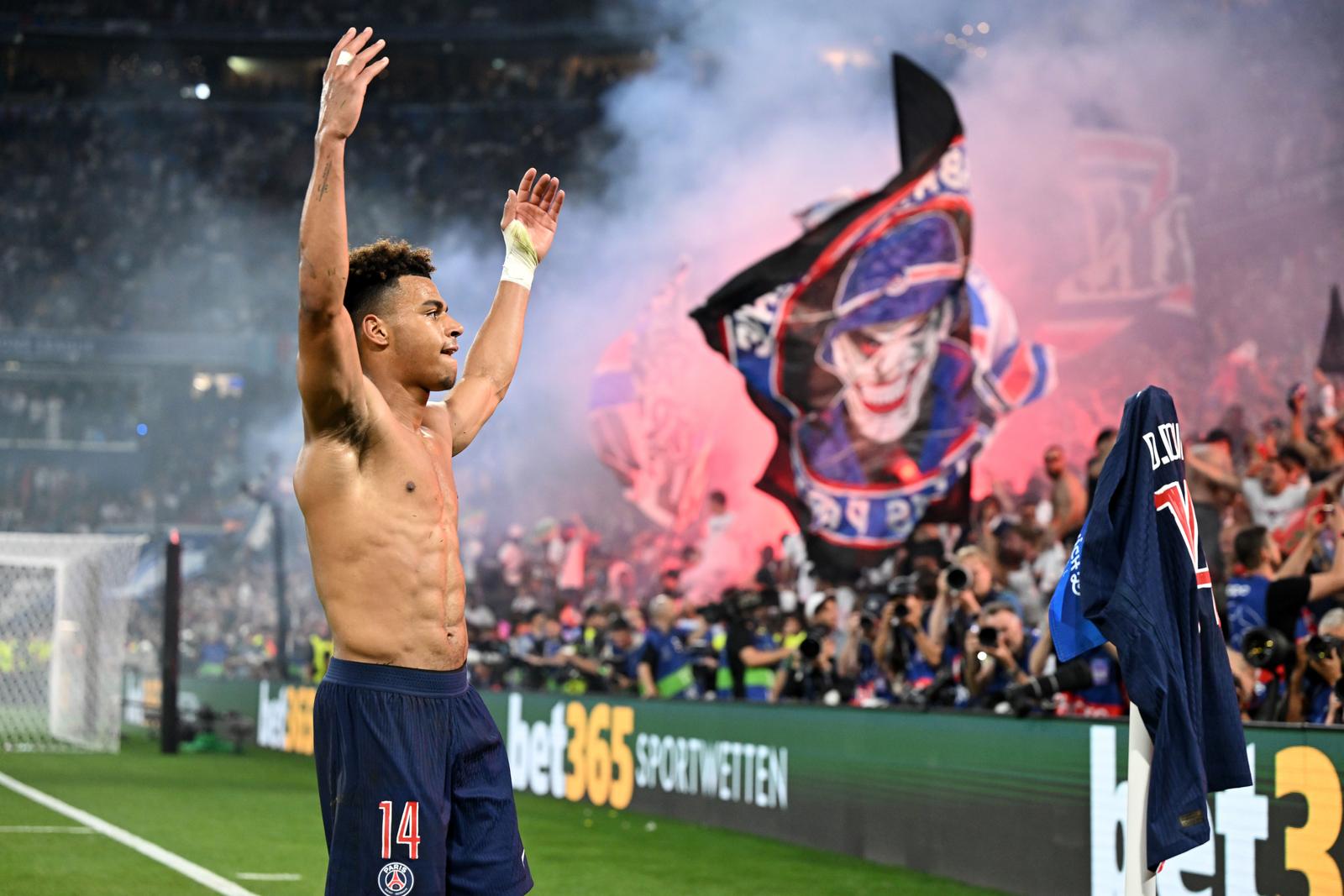 31 May 2025, Bavaria, Munich: Soccer: Champions League, Paris Saint-Germain - Inter Milan, knockout round, final, Munich Football Arena. Desire Doue of Paris celebrates his goal to make it 3-0. Photo: Sven Hoppe/dpa Photo: Sven Hoppe/DPA