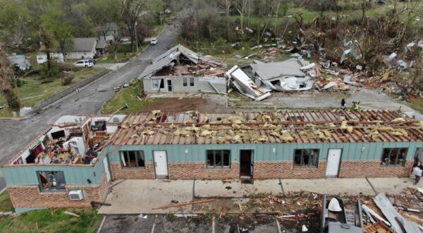 The Oaks student housing center, foreground, and other nearby structures in Nevada, Missouri, sustained heavy damage when they were hit by a tornado that tore through the town on Wednesday morning, April 2, 2025. (Tammy Ljungblad/The Kansas City Star/TNS) Photo via Newscom Photo: Tammy Ljungblad/NEWSCOM