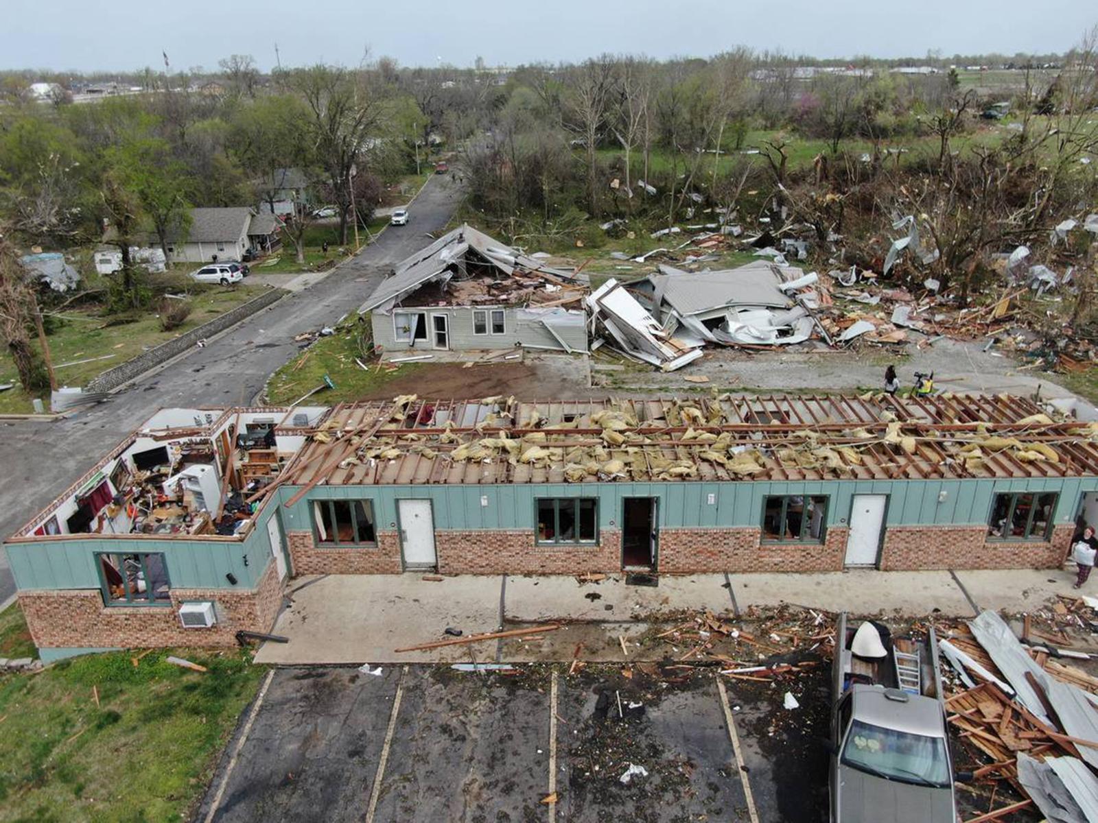 The Oaks student housing center, foreground, and other nearby structures in Nevada, Missouri, sustained heavy damage when they were hit by a tornado that tore through the town on Wednesday morning, April 2, 2025. (Tammy Ljungblad/The Kansas City Star/TNS) Photo via Newscom Photo: Tammy Ljungblad/NEWSCOM