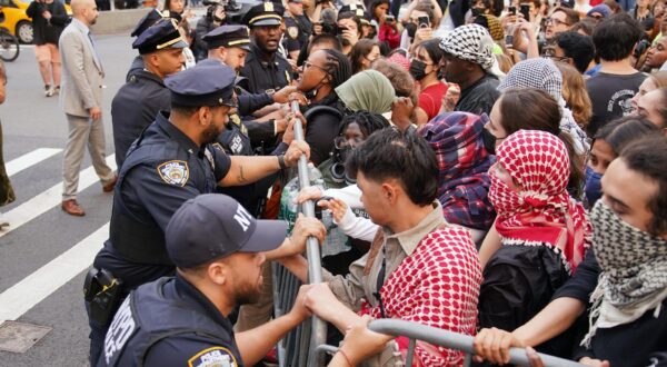 NYPD Police officers attempt to contain pro Palestine protesters on the campus of Columbia University on Wednesday, May 7, 2025 in New York City. Arrests were underway late Wednesday after about 100 pro-Palestinian protesters at Columbia University took over the campus' Butler Library just days before final exams. Photo by Derek French/UPI Photo via Newscom Photo: Derek French/NEWSCOM