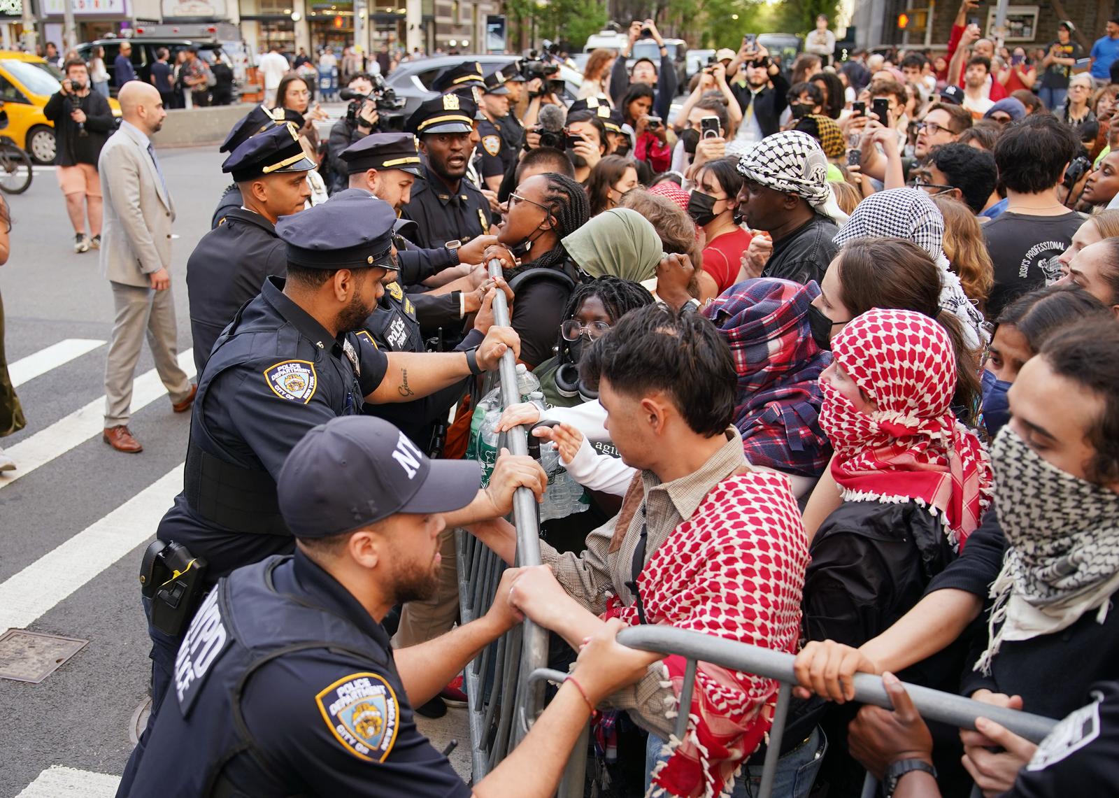NYPD Police officers attempt to contain pro Palestine protesters on the campus of Columbia University on Wednesday, May 7, 2025 in New York City. Arrests were underway late Wednesday after about 100 pro-Palestinian protesters at Columbia University took over the campus' Butler Library just days before final exams. Photo by Derek French/UPI Photo via Newscom Photo: Derek French/NEWSCOM