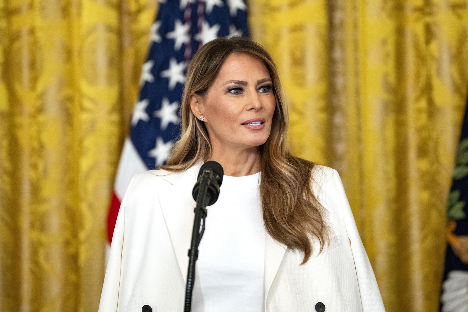First Lady Melania Trump speaks during an event celebrating military mothers in the East Room of the White House in Washington, DC on Thursday, May 8, 2025. Photo by Bonnie Cash/UPI Photo via Newscom Photo: BONNIE CASH/NEWSCOM