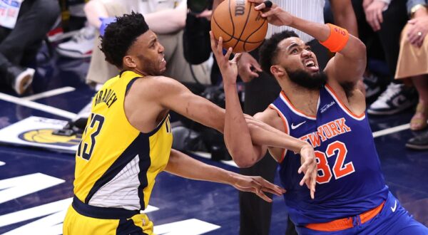 New York Knicks Karl-Anthony Towns (32) is fouled by Indiana Pacers Tony Bradley (13) during the fourth quarter of the Eastern Conference Finals game 3 in Indianapolis, Indiana Sunday May 25, 2025. The Knicks defeated the Pacers 106-100. Photo by Aaron Josefczyk/UPI Photo via Newscom Photo: AARON JOSEFCZYK/NEWSCOM