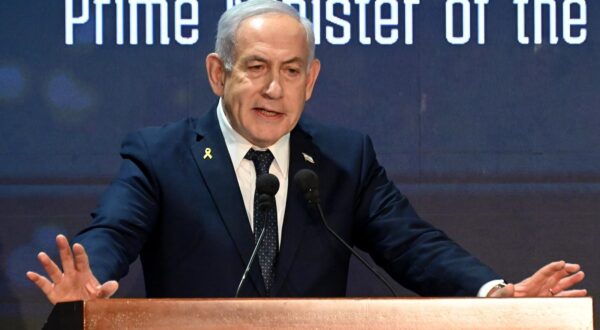 Israeli Prime Minister Benjamin Netanyahu gives a keynote address at an International Conference on Combating Antisemitism in Jerusalem, on Thursday, March 27, 2025. Photo by Debbie Hill/ UPI Photo via Newscom Photo: DEBBIE HILL/NEWSCOM