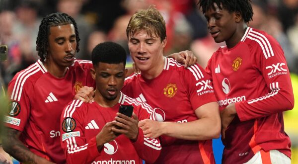 Manchester United's Rasmus Hojlund (second right) celebrates scoring their side's third goal of the game during the UEFA Europa League semi-final second leg match at Old Trafford, Manchester. Picture date: Thursday May 8, 2025. Photo: martin Rickett/PRESS ASSOCIATION