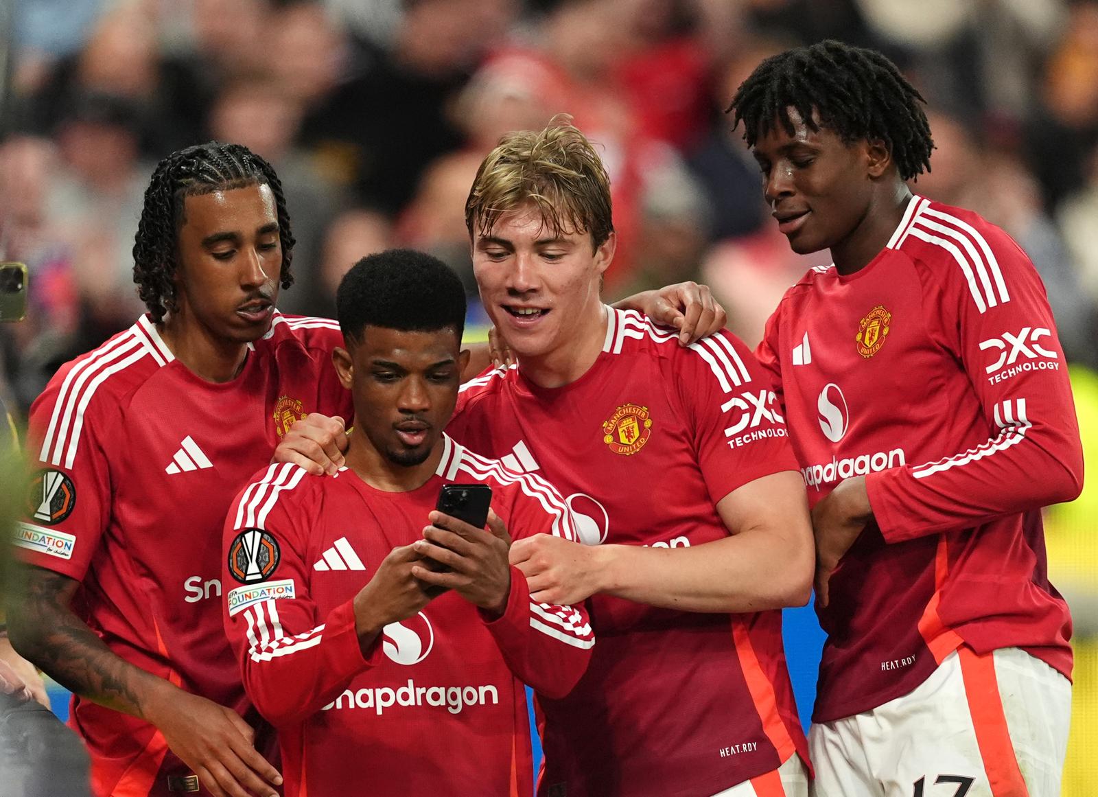 Manchester United's Rasmus Hojlund (second right) celebrates scoring their side's third goal of the game during the UEFA Europa League semi-final second leg match at Old Trafford, Manchester. Picture date: Thursday May 8, 2025. Photo: martin Rickett/PRESS ASSOCIATION