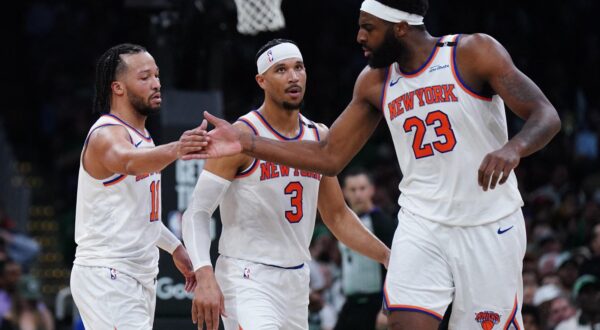 May 7, 2025; Boston, Massachusetts, USA; New York Knicks guard Jalen Brunson (11) and center Mitchell Robinson (23) react after a play against the Boston Celtics in the second half during game two of the second round for the 2025 NBA Playoffs at TD Garden. Mandatory Credit: David Butler II-Imagn Images Photo: David Butler II/REUTERS