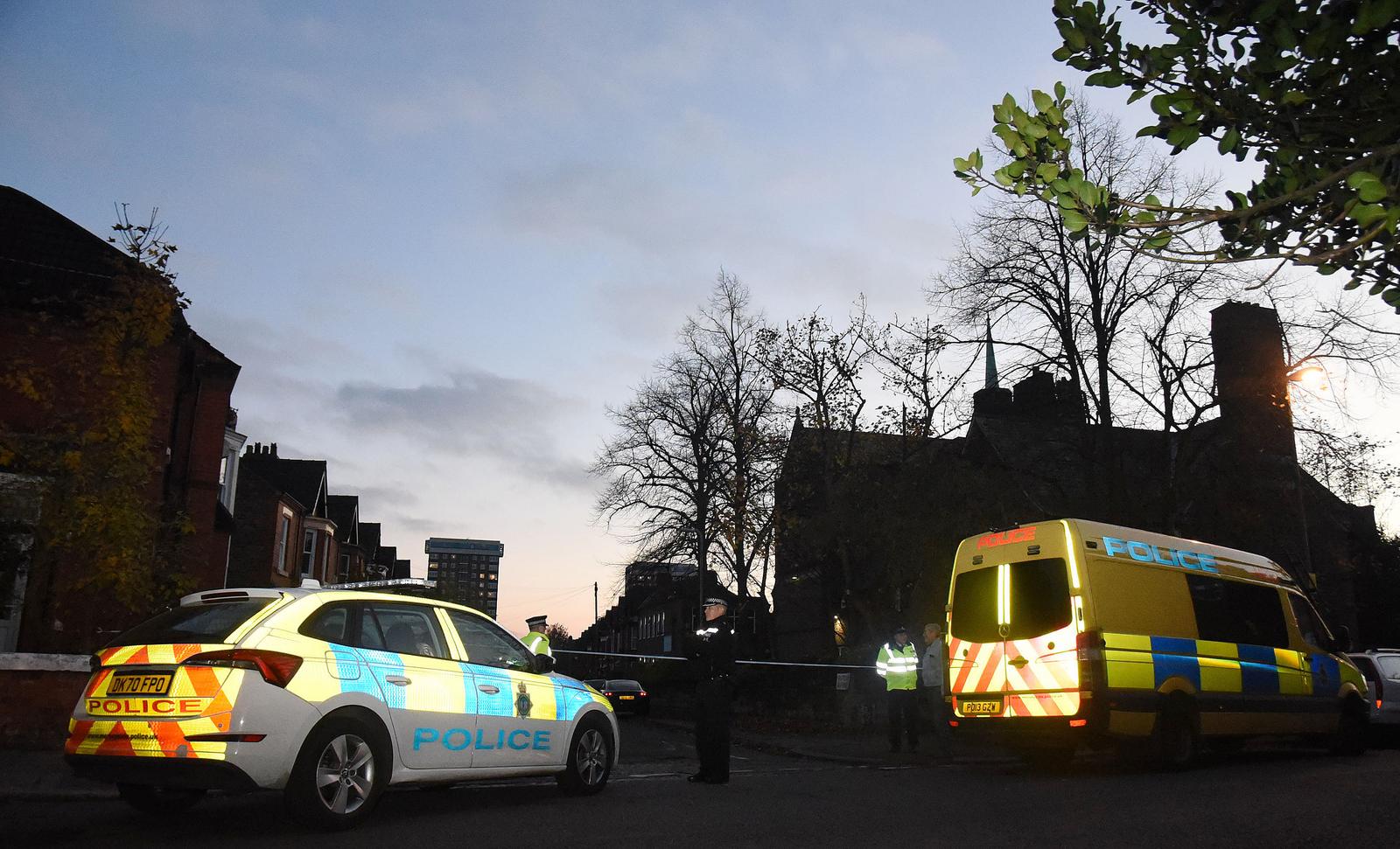 (211115) -- LIVERPOOL (BRITAIN), Nov. 15, 2021 (Xinhua) -- Police are seen near Sutcliffe Street after the explosion outside Liverpool Women's Hospital in Liverpool, Britain, on Nov. 14, 2021. British police on Monday said the explosion outside Liverpool Women's Hospital in Liverpool is being treated as a terrorist incident. (Photo by Chris Neill/Xinhua) Photo: Chris Neill/XINHUA