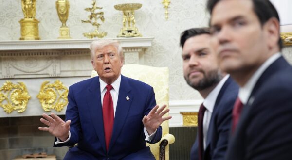 President Donald Trump with Vice President JD Vance and Secretary of State Marco Rubio meet with Prime Minister Benjamin Netanyahu of Israel in the Oval Office of the White House in Washington on April 7, 2025. Photo by Yuri Gripas/Pool/Sipa USA  Photo: Sipa USA/SIPA USA