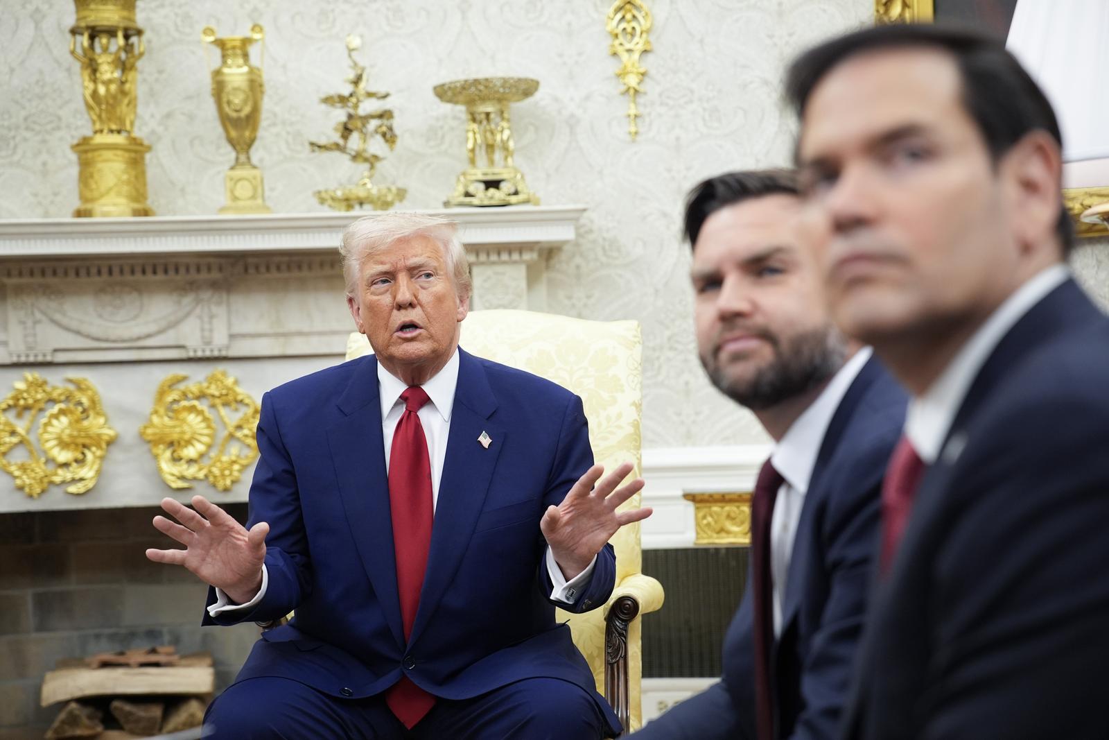 President Donald Trump with Vice President JD Vance and Secretary of State Marco Rubio meet with Prime Minister Benjamin Netanyahu of Israel in the Oval Office of the White House in Washington on April 7, 2025. Photo by Yuri Gripas/Pool/Sipa USA  Photo: Sipa USA/SIPA USA