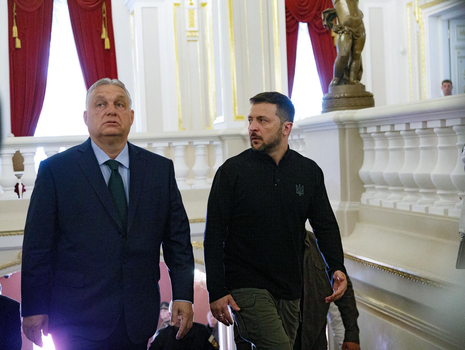 KYIV, UKRAINE - JULY 2, 2024 - President of Ukraine Volodymyr Zelenskyy (R) and Prime Minister of Hungary Viktor Orban (C) arrive for their official meeting in Kyiv, capital of Ukraine. This photo cannot be distributed in the Russian Federation. (Photo by Ukrinform/Ukrinform/Sipa USA) Photo: UKRINFORM/SIPA USA