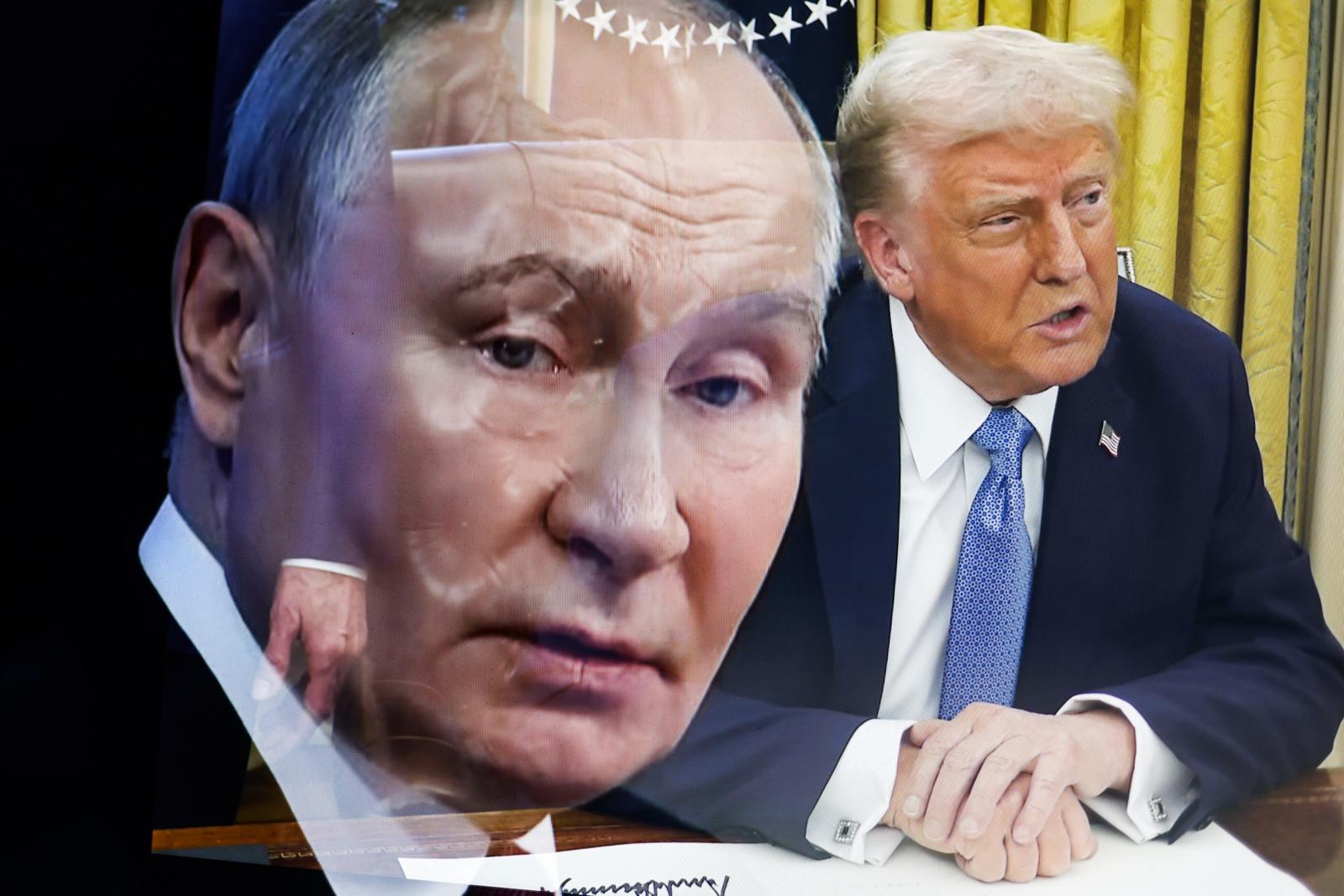 This illustrative image shows Russian President Vladimir Putin (left) and United States President Donald Trump (right). A lengthy telephone conversation took place between Russian President Vladimir Putin and US President Donald Trump. The heads of state discussed issues related to artificial intelligence, the Middle East and energy. The main topic was the issue of a settlement in Ukraine. Donald Trump spoke in favor of an early cessation of hostilities and a peaceful solution to the problem. Vladimir Putin, for his part mentioned the need to eliminate the root causes of the conflict and agreed with Donald Trump that a long-term settlement can be achieved through peaceful negotiations. Both sides instructed their teams to begin negotiations "immediately." The negotiations on the American side will be led by Secretary of State Marco Rubio, CIA Director John Ratcliffe, National Security Advisor Michael Waltz and Special Envoy Steve Witkoff. (Photo by Artem Priakhin / SOPA Images/Sipa USA) Photo: SOPA Images/SIPA USA