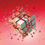 Hi-tech Square blocks are collected in a cubic array against the background of information fields. 3d illustration of blockchain abstract concept. Artificial intelligence learnability