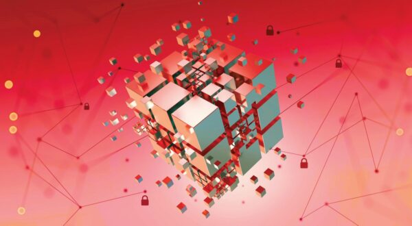 Hi-tech Square blocks are collected in a cubic array against the background of information fields. 3d illustration of blockchain abstract concept. Artificial intelligence learnability