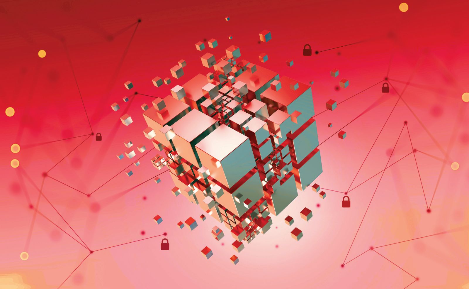 Hi-tech Square blocks are collected in a cubic array against the background of information fields. 3d illustration of blockchain abstract concept. Artificial intelligence learnability
