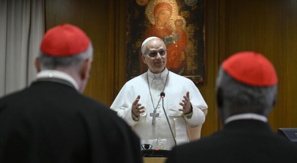 epa12088348 A handout picture provided by the Vatican Media shows Pope Leo XIV (C) gesturing as he attends a meeting with cardinals in Vatican City, 10 May 2025. Cardinal Robert Francis Prevost was elected to become Pope Leo XIV by the conclave at the Vatican on 08 May 2025.  EPA/VATICAN MEDIA HANDOUT  HANDOUT EDITORIAL USE ONLY/NO SALES