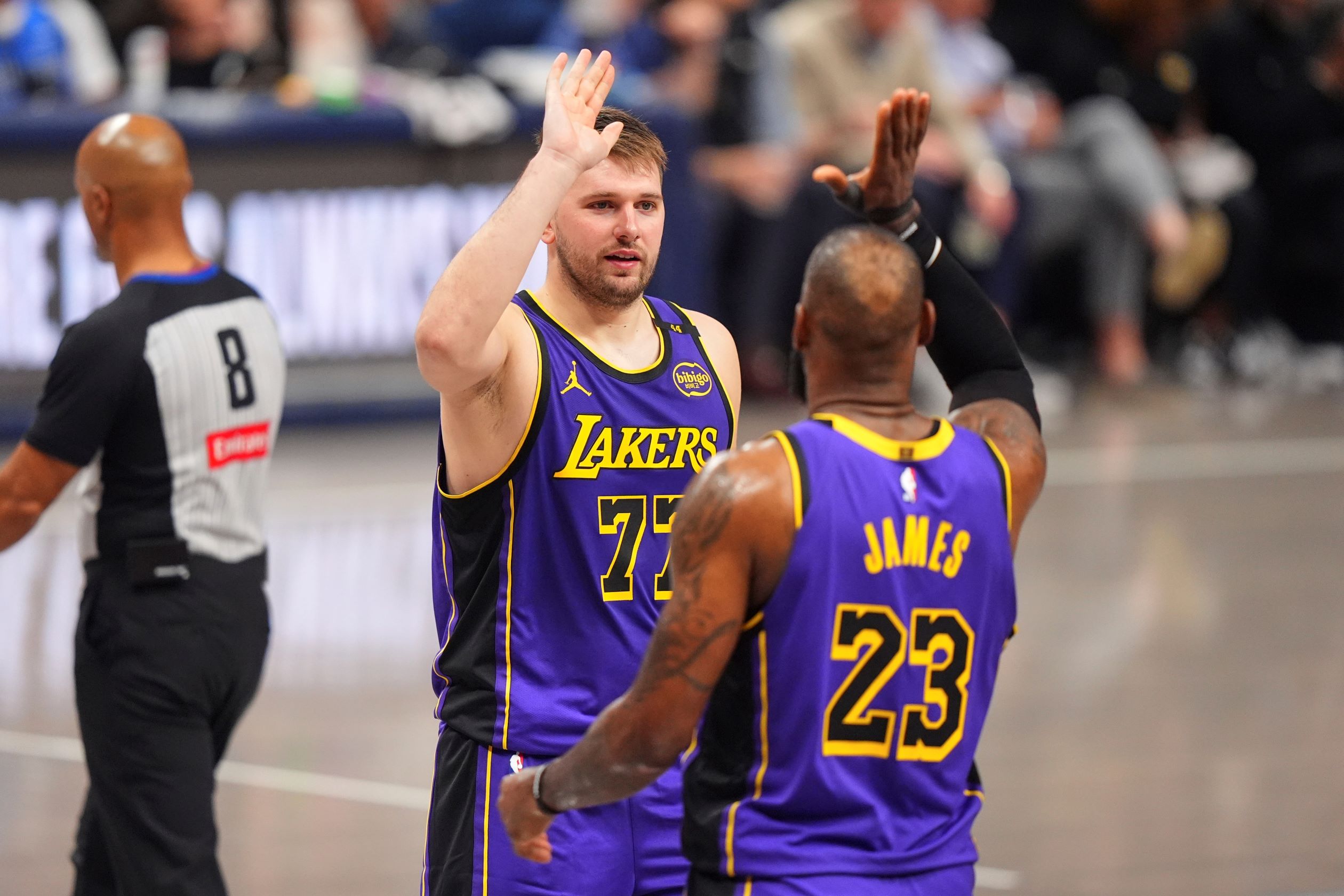 Los Angeles Lakers' Luka Doncic (77) and LeBron James (23) celebrate in the second half of an NBA basketball game against the Dallas Mavericks in Dallas, Wednesday, April 9, 2025. (AP Photo/LM Otero) Lakers Mavericks Basketball