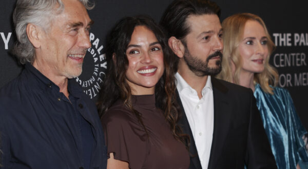 Tony Gilroy, from left, Adria Arjona, Diego Luna, and Genevieve O'Reilly arrive at PaleyLive's An Evening with Andor on Friday, May 30, 2025, at Writers Guild Theater in Beverly Hills, Calif. (Photo by Andrew Park/Invision/AP)