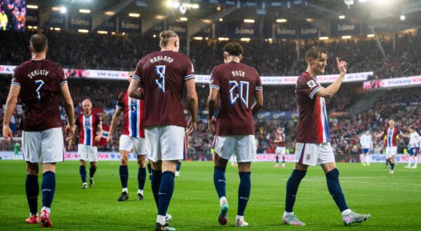250606 Alexander Sørloth, Erling Braut Haaland, Antonio Nusa and Martin Ødegaard of Norway after 3-0 during the FIFA World Cup Qualifier football match between Norway and Italy on June 6, 2025 in Oslo. 
Photo: Jon Olav Nesvold / BILDBYRÅN / COP 217 / VG0763
bbeng fotball football soccer fotboll fifa world cup qualifiers european qualifiers 2026 uefa world cup qualifiers vm-kvalifisering vm kvalik vm kval norge norway italy italia italien jubel Photo: JON OLAV NESVOLD/BILDBYRAN