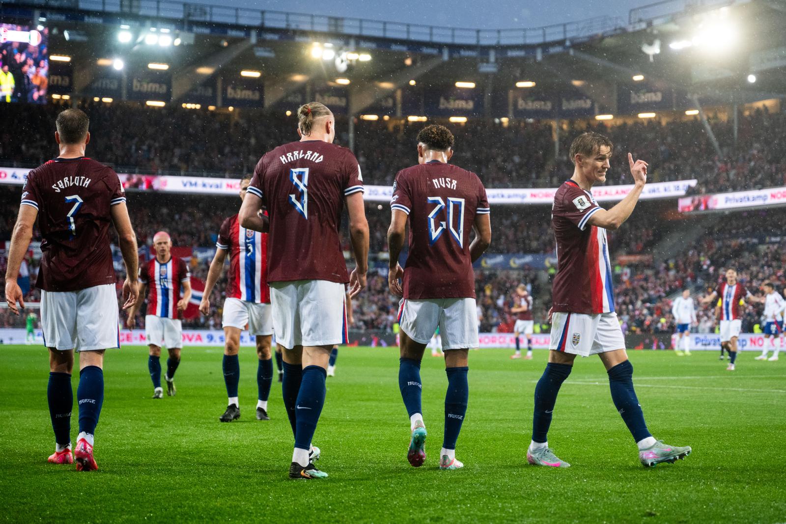 250606 Alexander Sørloth, Erling Braut Haaland, Antonio Nusa and Martin Ødegaard of Norway after 3-0 during the FIFA World Cup Qualifier football match between Norway and Italy on June 6, 2025 in Oslo. 
Photo: Jon Olav Nesvold / BILDBYRÅN / COP 217 / VG0763
bbeng fotball football soccer fotboll fifa world cup qualifiers european qualifiers 2026 uefa world cup qualifiers vm-kvalifisering vm kvalik vm kval norge norway italy italia italien jubel Photo: JON OLAV NESVOLD/BILDBYRAN