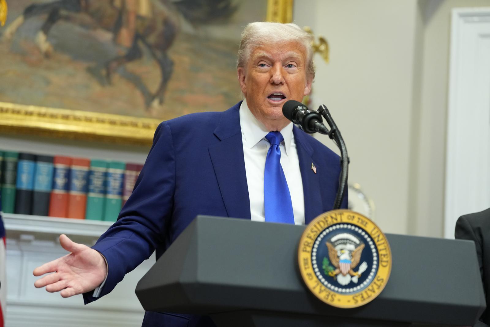 United States President Donald J Trump takes questions after making remarks on the India-Pakistan cease-fire, the new US-China Trade Deal, the return of Eden Alexander from Hamas captivity and the high cost of prescription drugs before signing an executive order that he promises will lower the cost of those prescription drugs almost immediately, during a press conference in the Roosevelt Room of the White House in Washington, DC, US, on Monday, May 12, 2025.
Credit: Chris Kleponis / Pool via CNP/AdMedia Photo: CNP/AdMedia/NEWSCOM