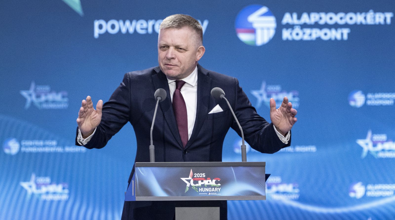 epa12143605 Prime Minister of Slovakia Robert Fico speaks at the Conservative Political Action Conference (CPAC) Hungary in Budapest, Hungary, 29 May 2025. The two-day Hungarian edition of CPAC is hosted by the Center for Fundamental Rights of Hungary for the fourth consecutive year.  EPA/Zsolt Szigetvary HUNGARY OUT