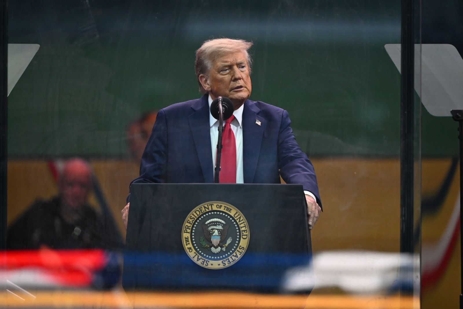 epa12176316 US President Donald Trump speaks during the US Army's 250th Anniversary Parade in Washington, DC, USA, 14 June 2025. The parade, which happens to coincide with US President Donald Trump’s 79th birthday, is expected to cost up to $45 million and feature 6,600 soldiers, 50 helicopters and 60-ton M1 Abrams battle tanks.  EPA/KENNY HOLSTON / POOL