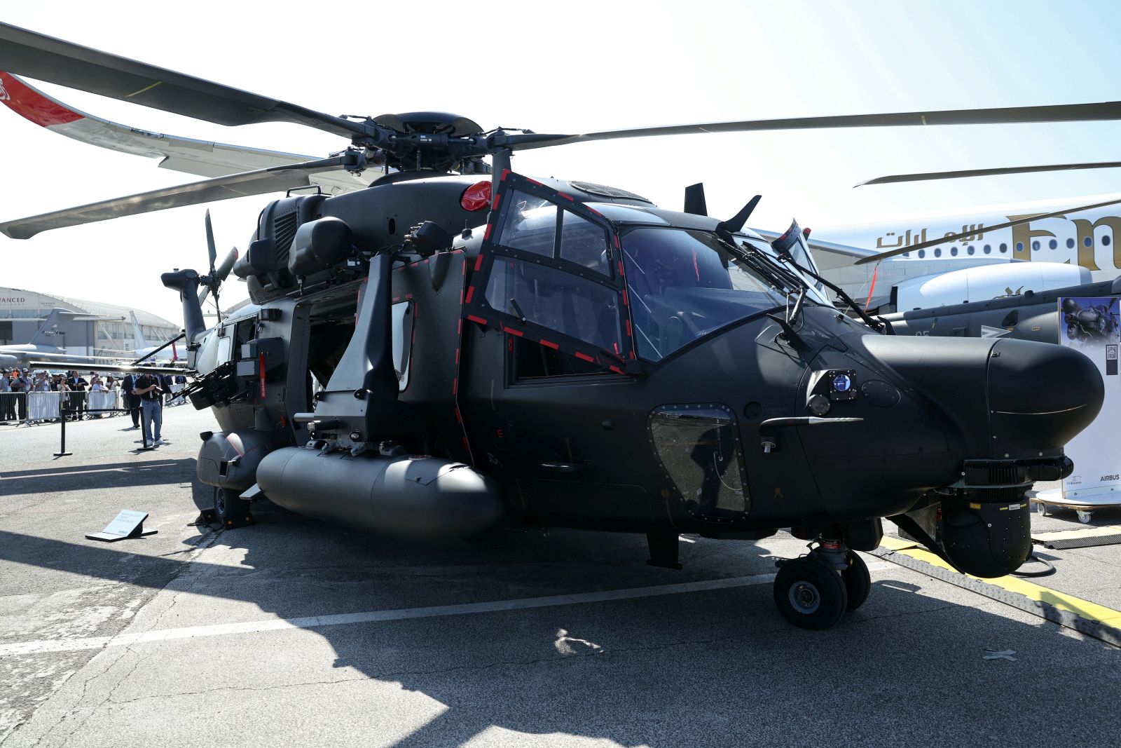 epa12178617 An Airbus NH90 multi-role military helicopter is on display at the Airbus pavilion during the 55th edition of the International Paris Air Show at the Paris-Le Bourget Airport, in Le Bourget, near Paris, France, 16 June 2025. The Paris Air Show, one of the largest trade fairs of the aerospace-industry and air shows in the world, runs from 16 to 22 June.  EPA/ALAIN JOCARD / POOL MAXPPP OUT