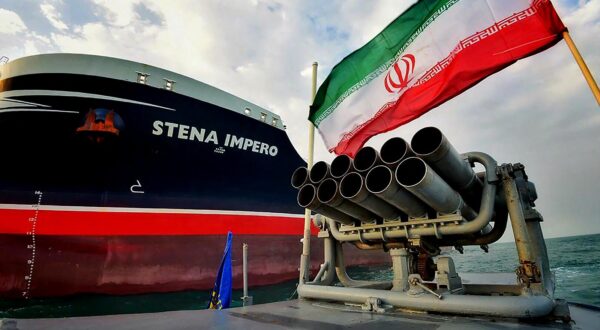 The British-flagged oil tanker Stena Impero  Iranian Revolutionary Guards in speedboats patrolling the British-flagged oil tanker Stena Impero, which was seized in the Strait of Hormuz on Friday by the Guard, in the Iranian port of Bandar Abbas. Global stock markets were subdued Monday while the price of oil climbed as tensions in the Persian Gulf escalated after Iran's seizure of a British oil tanker.  Iran, Persian Gulf, on July 21, 2019. Handout Photo by SalamPix/ABACAPRESS.COM SalamPix/ABACA /PIXSELL